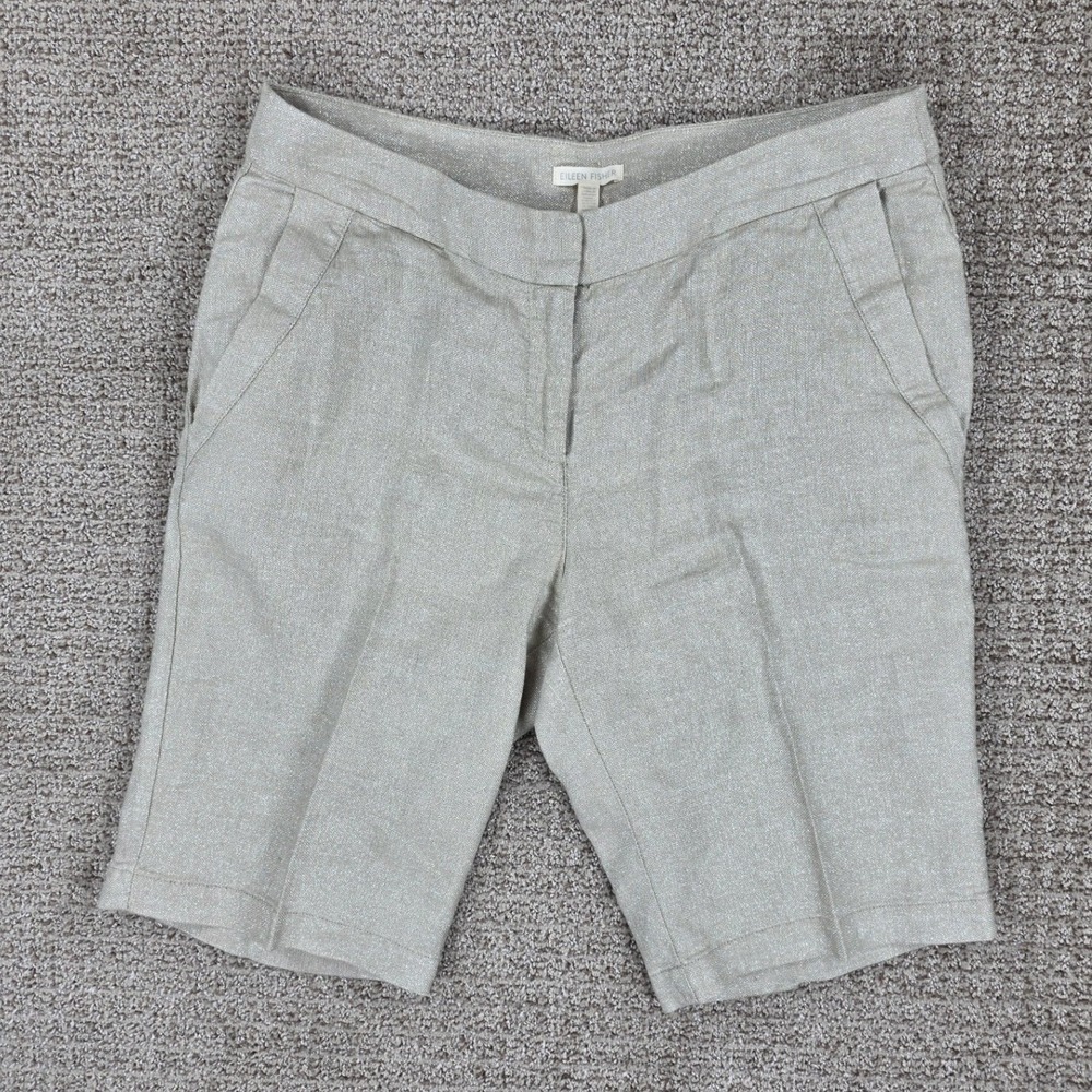 EILEEN FISHER Twinkle Organic Linen Walking Shorts Gold Metallic Womens Size 8
